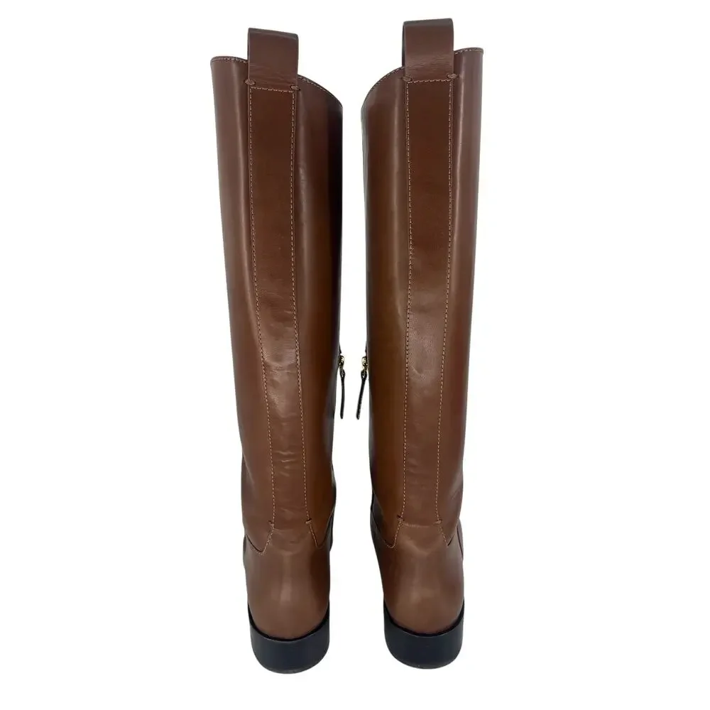 Tory Burch Riding‎ Logo Embossed Leather Knee High Boots Brown 10.5